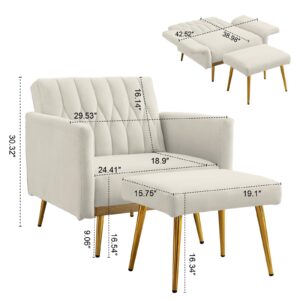 TTGIEET Velvet Accent Chair with Ottoman, Modern Upholstered Tufted Armchair, Comfy Single Sofa Chair Side Chair with Golden Metal Legs& Adjustable Arms for Living Reading Room Bedroom Office (Cream
