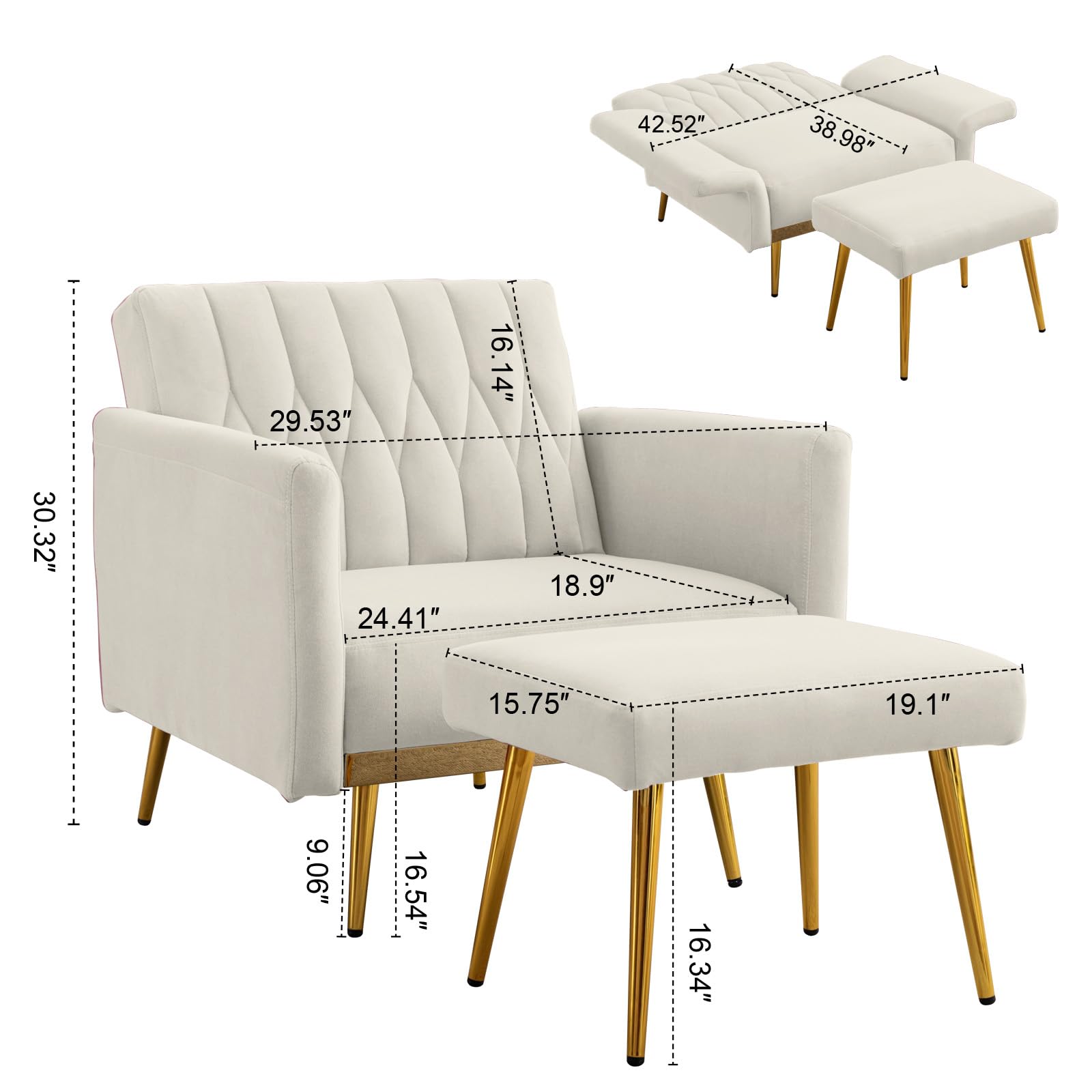 TTGIEET Velvet Accent Chair with Ottoman, Modern Upholstered Tufted Armchair, Comfy Single Sofa Chair Side Chair with Golden Metal Legs& Adjustable Arms for Living Reading Room Bedroom Office (Cream