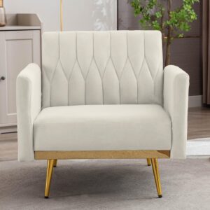 TTGIEET Velvet Accent Chair with Ottoman, Modern Upholstered Tufted Armchair, Comfy Single Sofa Chair Side Chair with Golden Metal Legs& Adjustable Arms for Living Reading Room Bedroom Office (Cream