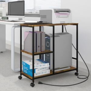 natwind computer pc case tower and printer stand with charging station, printer table with wheels, shredder cpu stand, computer host cart, pc tower storage shelf for home office organization (retro)
