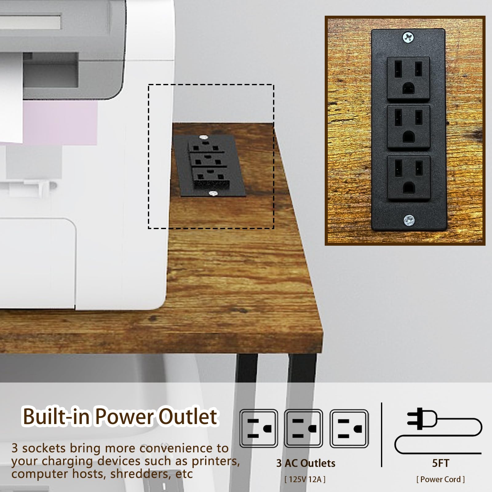 Natwind Computer PC Case Tower and Printer Stand with Charging Station, Printer Table with Wheels, Shredder CPU Stand, Computer Host Cart, PC Tower Storage Shelf for Home Office Organization (Retro)