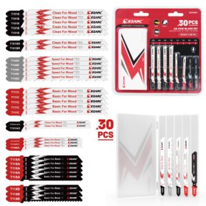 ezarc jigsaw blades set 30pcs with storage case, assorted t-shank replacement jig saw blades for cutting wood, plastic and metal