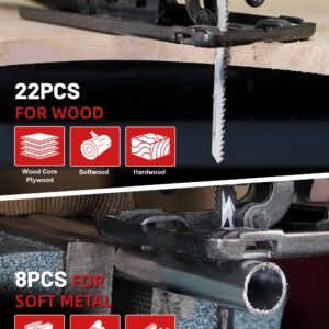 EZARC Jigsaw Blades Set 30pcs with Storage Case, Assorted T-Shank Replacement Jig Saw Blades for Cutting Wood, Plastic and Metal