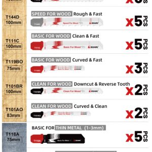 EZARC Jigsaw Blades Set 30pcs with Storage Case, Assorted T-Shank Replacement Jig Saw Blades for Cutting Wood, Plastic and Metal