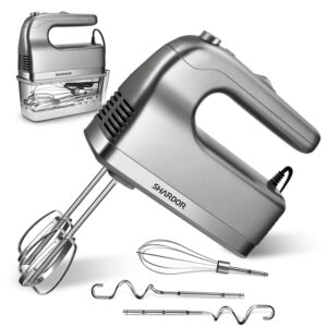 shardor hand mixer, 450w handheld mixer with storage case 5-speed plus turbo hand mixer electric with 5 stainless steel attachments(2 beaters, 2 dough hooks and 1 whisk), silver