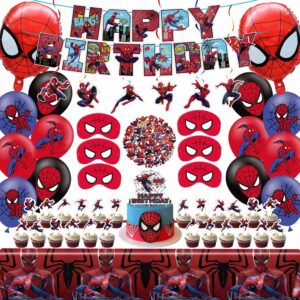 spider birthday decorations, spider birthday party supplies include banner, balloons, spider masks, spider stickers, tablecloth and backdrop for girls boys birthday party decorations