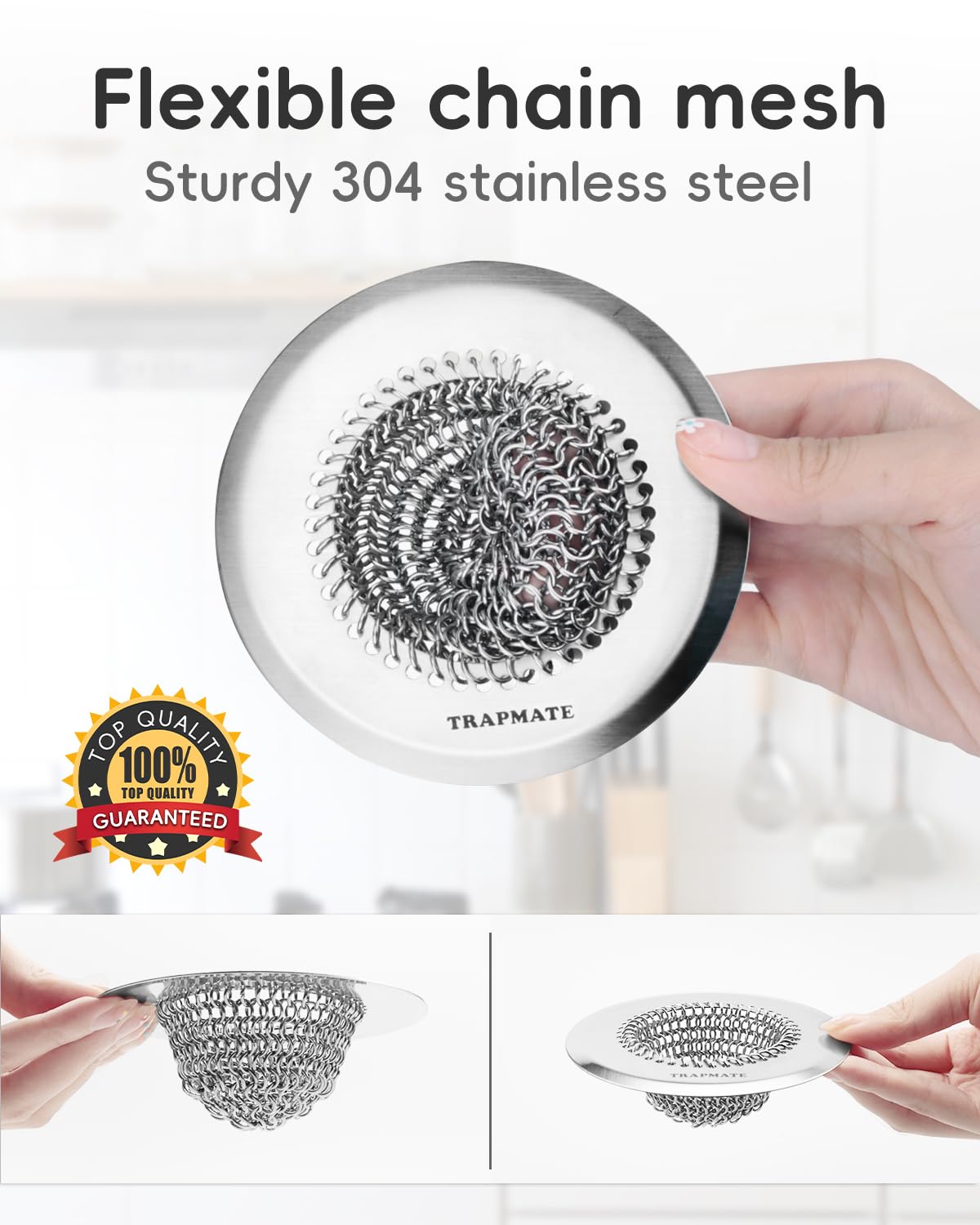 1 Pack Sink Strainer, Flexible Chain Mesh Easy Clean Kitchen Sink Drain Strainer, Anti-Rust 304 Stainless Steel Sink Strainer, Sink Protectors Clog-Free Sink Catcher Strainer for Food Garbage Disposal