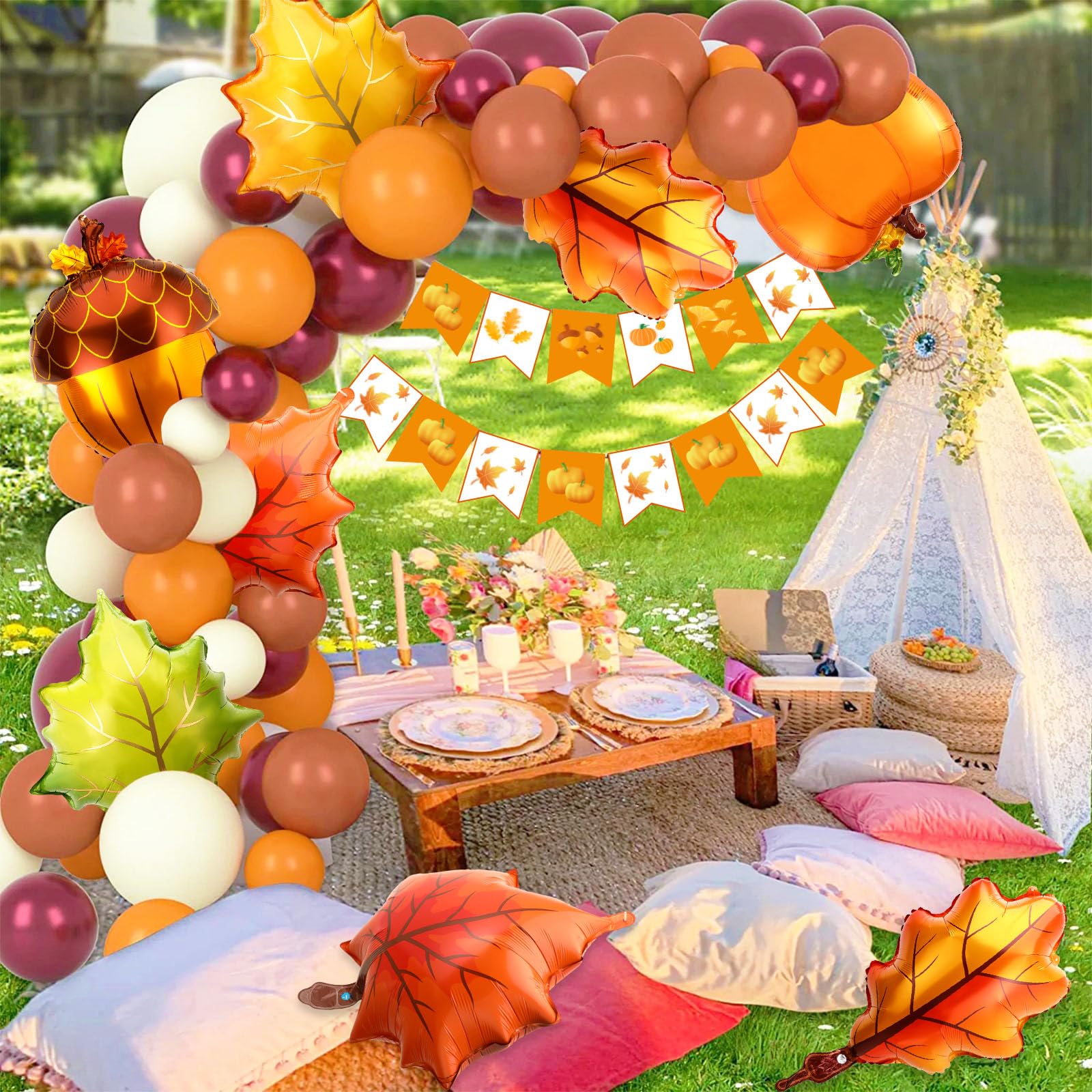 FEBSNOW 30Pcs Fall Balloons Thanksgiving Foil Balloons Large Pumpkin Maple Leaf Pine Mylar Balloons Garland for Autumn Thanksgiving Baby Shower Birthday Party Decorations