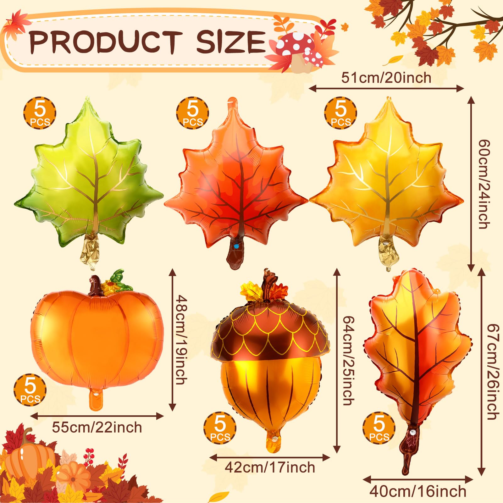FEBSNOW 30Pcs Fall Balloons Thanksgiving Foil Balloons Large Pumpkin Maple Leaf Pine Mylar Balloons Garland for Autumn Thanksgiving Baby Shower Birthday Party Decorations