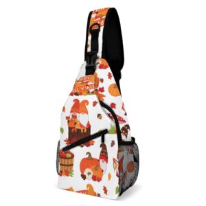 moblinko sling bag cute autumn gnome pumpkin women men crossbody bag happy fall y'all adjustable sling backpack chest bag for hiking