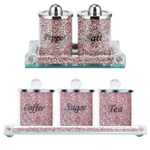 sugar tea coffee glass storage container with tray 4pcs & glass pepper salt shakers jars set with tray pink