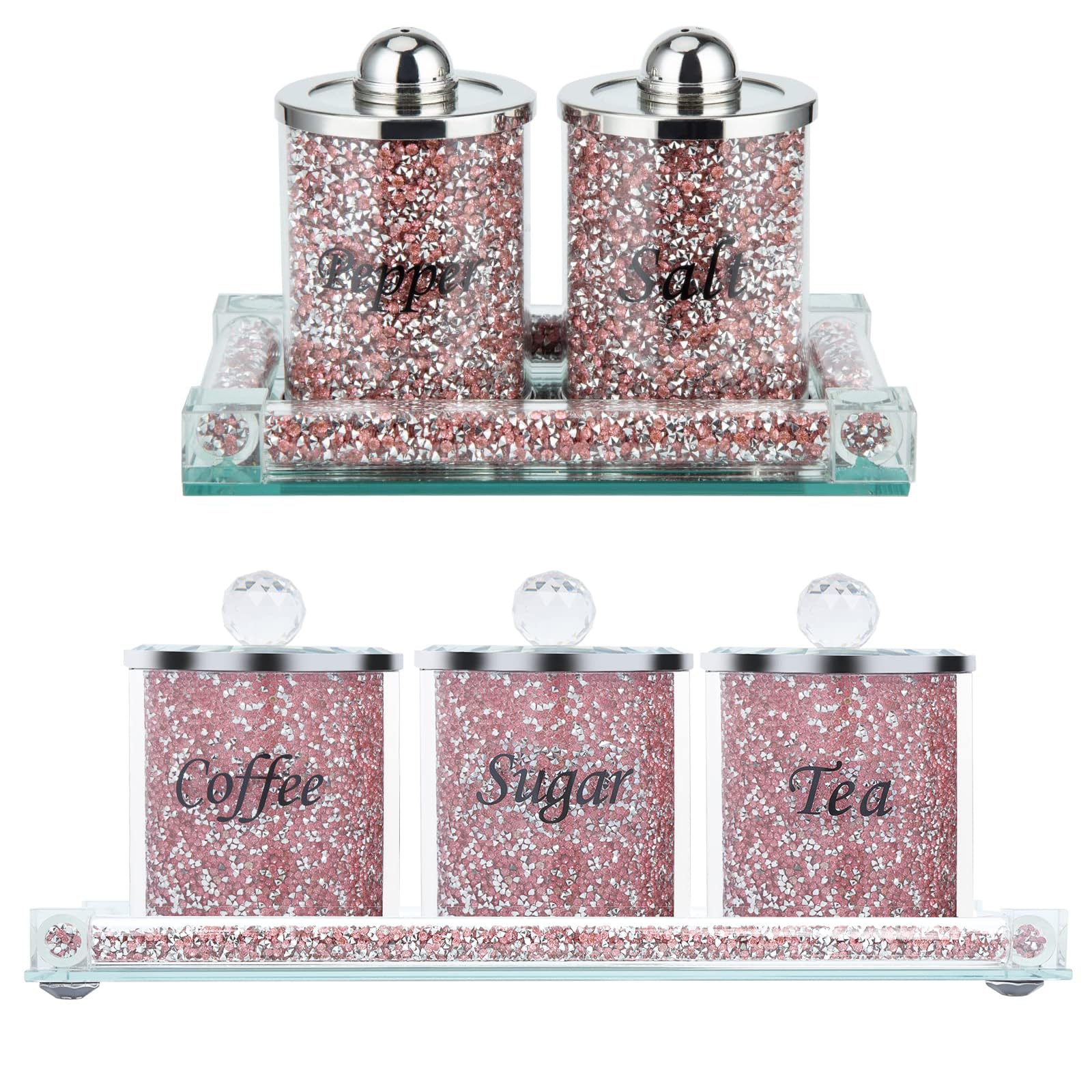 Sugar Tea Coffee Glass Storage Container with Tray 4pcs & Glass Pepper Salt Shakers Jars Set with Tray Pink