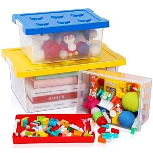 thyle 18.9'' 3 pcs toy storage organizer bins with lid toy organizer clear stackable storage bins box plastic brick shaped containers for organizing kids crafts puzzles building blocks, yellow, blue