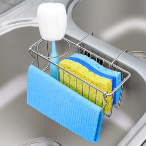 Aiduy Sponge Holder for Kitchen Sink - 3 In 1 Sink Caddy for Brush Holder Dish Cloth Hanger Stainless Steel Organizer Rack for Drain Stopper Scrubber Soap Tray