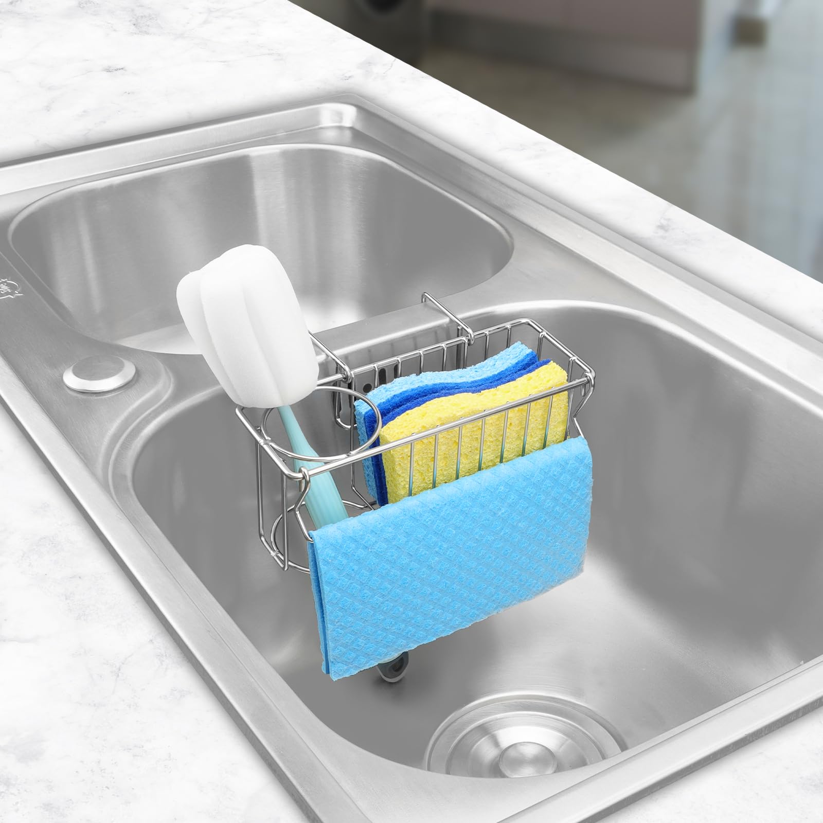 Aiduy Sponge Holder for Kitchen Sink - 3 In 1 Sink Caddy for Brush Holder Dish Cloth Hanger Stainless Steel Organizer Rack for Drain Stopper Scrubber Soap Tray