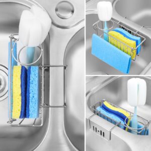 Aiduy Sponge Holder for Kitchen Sink - 3 In 1 Sink Caddy for Brush Holder Dish Cloth Hanger Stainless Steel Organizer Rack for Drain Stopper Scrubber Soap Tray