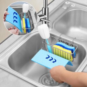 Aiduy Sponge Holder for Kitchen Sink - 3 In 1 Sink Caddy for Brush Holder Dish Cloth Hanger Stainless Steel Organizer Rack for Drain Stopper Scrubber Soap Tray