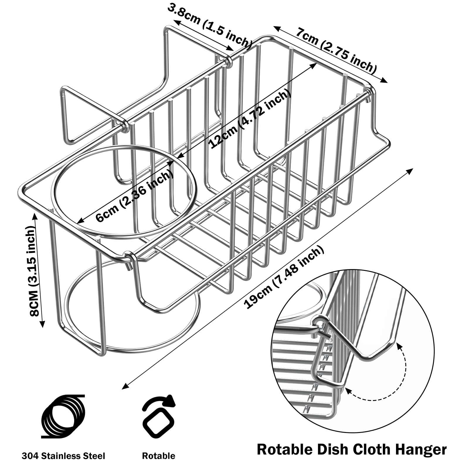 Aiduy Sponge Holder for Kitchen Sink - 3 In 1 Sink Caddy for Brush Holder Dish Cloth Hanger Stainless Steel Organizer Rack for Drain Stopper Scrubber Soap Tray