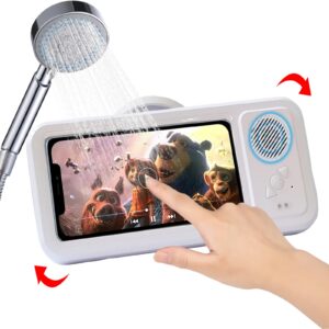 fanlory shower phone holder with wireless bluetooth speaker - waterproof 480 rotation viewable shower phone stand case mount speakers for bathroom wall mirro for 4"- 6.8" cell phones