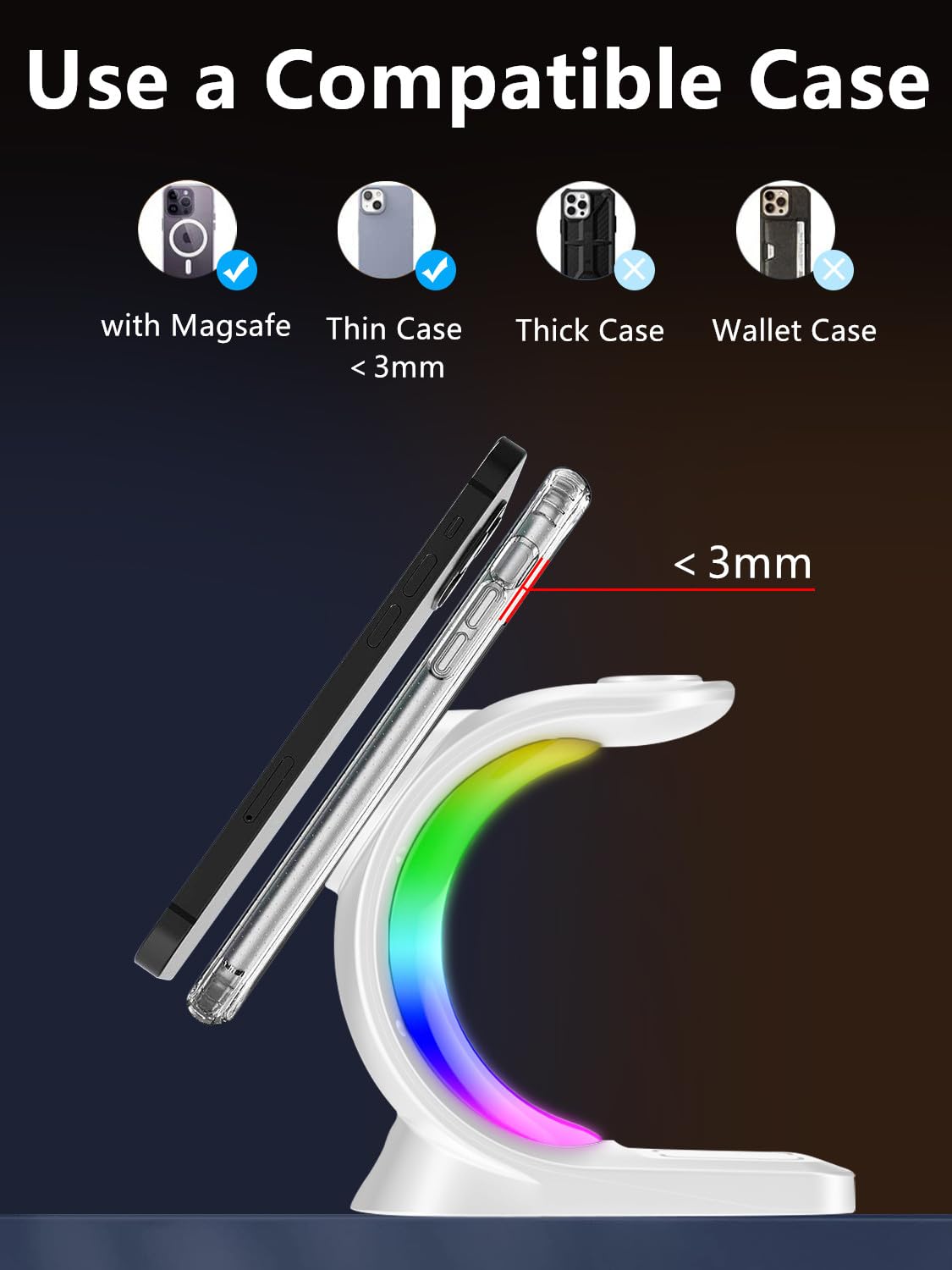 Mag-Safe 3 in 1 Wireless Charging Station, [6-Color RGB Light] 15W Fast Magnetic Wireless Charger Stand for Multiple Devices Apple, for iPhone 15 14 13 12 Pro Max/Plus/Pro, for iWatch 2 to 9