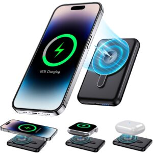 kurdene wireless portable charger, 3 in 1 magnetic power bank compatible with iwatch charger,5000mah mag-safe batteries pack,compatible with iphone 15/14/13/12 series, apple watch, airpods-black