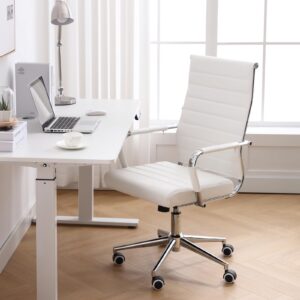 bowthy home office chair ribbed, modern leather conference room chairs, ergonomic office desk chair, high back executive computer chair, adjustable swivel chair with arms (white)