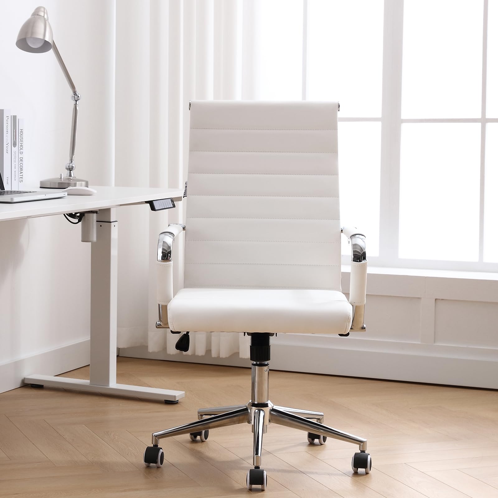 BOWTHY Home Office Chair Ribbed, Modern Leather Conference Room Chairs, Ergonomic Office Desk Chair, High Back Executive Computer Chair, Adjustable Swivel Chair with Arms (White)