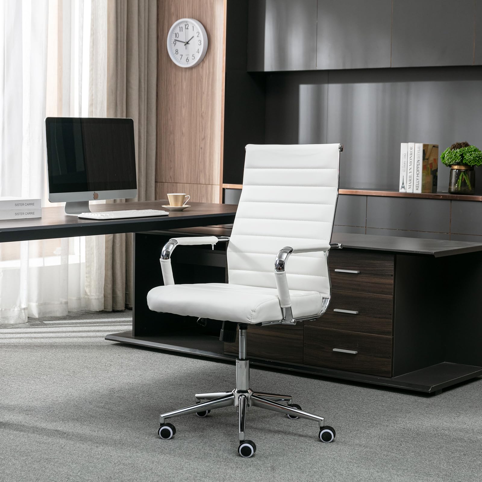 BOWTHY Home Office Chair Ribbed, Modern Leather Conference Room Chairs, Ergonomic Office Desk Chair, High Back Executive Computer Chair, Adjustable Swivel Chair with Arms (White)