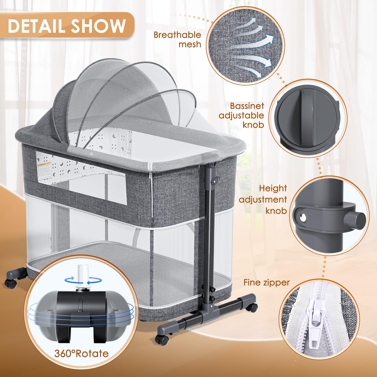 Ixdregan 3 in 1 Baby Bassinet - Baby Bedside Bassinet with Wheels and Mosquito Net, Included Storage Bag & Adjustable Height, Upgrade Thickened Cushion Baby Bedside Crib for Newborn Infant (Grey)