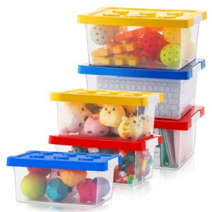 thyle 6 pcs toy storage organizer bins plastic toy box large and medium toy container brick shaped storage containers with compatible building baseplate and lid for kids brick toy small doll, 3 colors