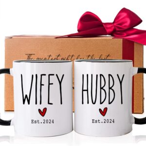 est 2024 hubby & wifey coffee mugs set, wedding gift set of 2 to give, bride groom mug set, couples coffee mug set, newlywed coffee mugs gift set, mr & mrs bridal shower gift (black handle)-5