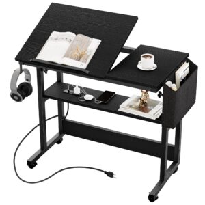 yitahome height adjustable table with charging station, portable desk with wheels, small standing rolling computer desk with tiltable tabletop and storage bag, black