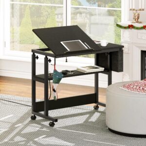 YITAHOME Height Adjustable Table with Charging Station, Portable Desk with Wheels, Small Standing Rolling Computer Desk with Tiltable Tabletop and Storage Bag, Black