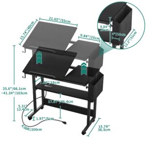 YITAHOME Height Adjustable Table with Charging Station, Portable Desk with Wheels, Small Standing Rolling Computer Desk with Tiltable Tabletop and Storage Bag, Black