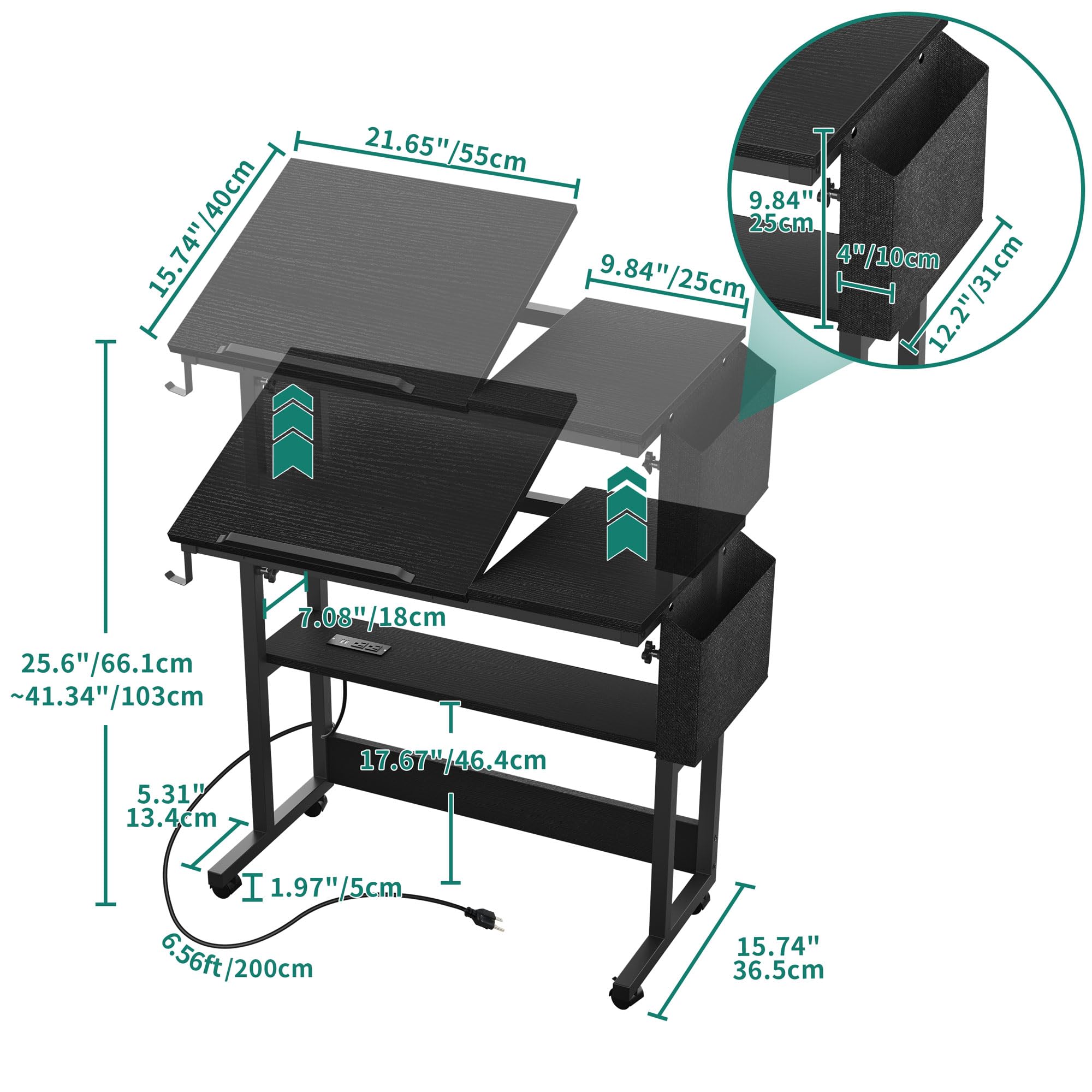 YITAHOME Height Adjustable Table with Charging Station, Portable Desk with Wheels, Small Standing Rolling Computer Desk with Tiltable Tabletop and Storage Bag, Black