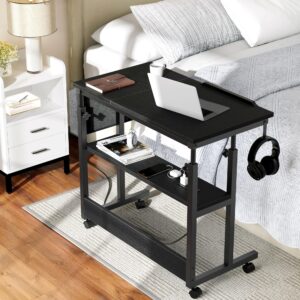 YITAHOME Height Adjustable Table with Charging Station, Portable Desk with Wheels, Small Standing Rolling Computer Desk with Tiltable Tabletop and Storage Bag, Black