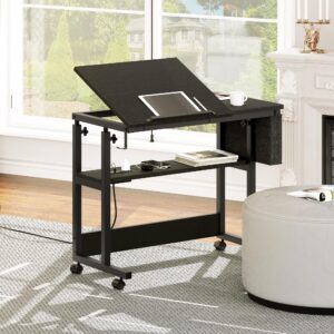 YITAHOME Height Adjustable Table with Charging Station, Portable Desk with Wheels, Small Standing Rolling Computer Desk with Tiltable Tabletop and Storage Bag, Black