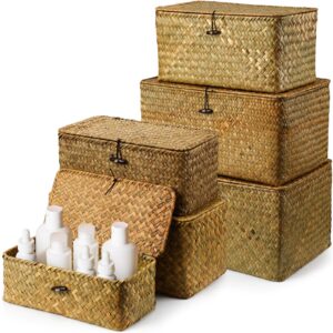 kigley 6 pcs seagrass baskets with lids wicker storage basket organizer baskets handwoven large rectangular basket boxes summer woven baskets for shelf closet, 6 sizes(yellow, classic style)