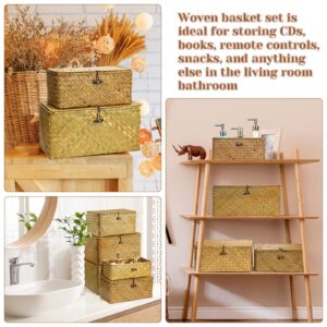 Kigley 6 Pcs Seagrass Baskets with Lids Wicker Storage Basket Organizer Baskets Handwoven Large Rectangular Basket Boxes Summer Woven Baskets for Shelf Closet, 6 Sizes(Yellow, Classic Style)