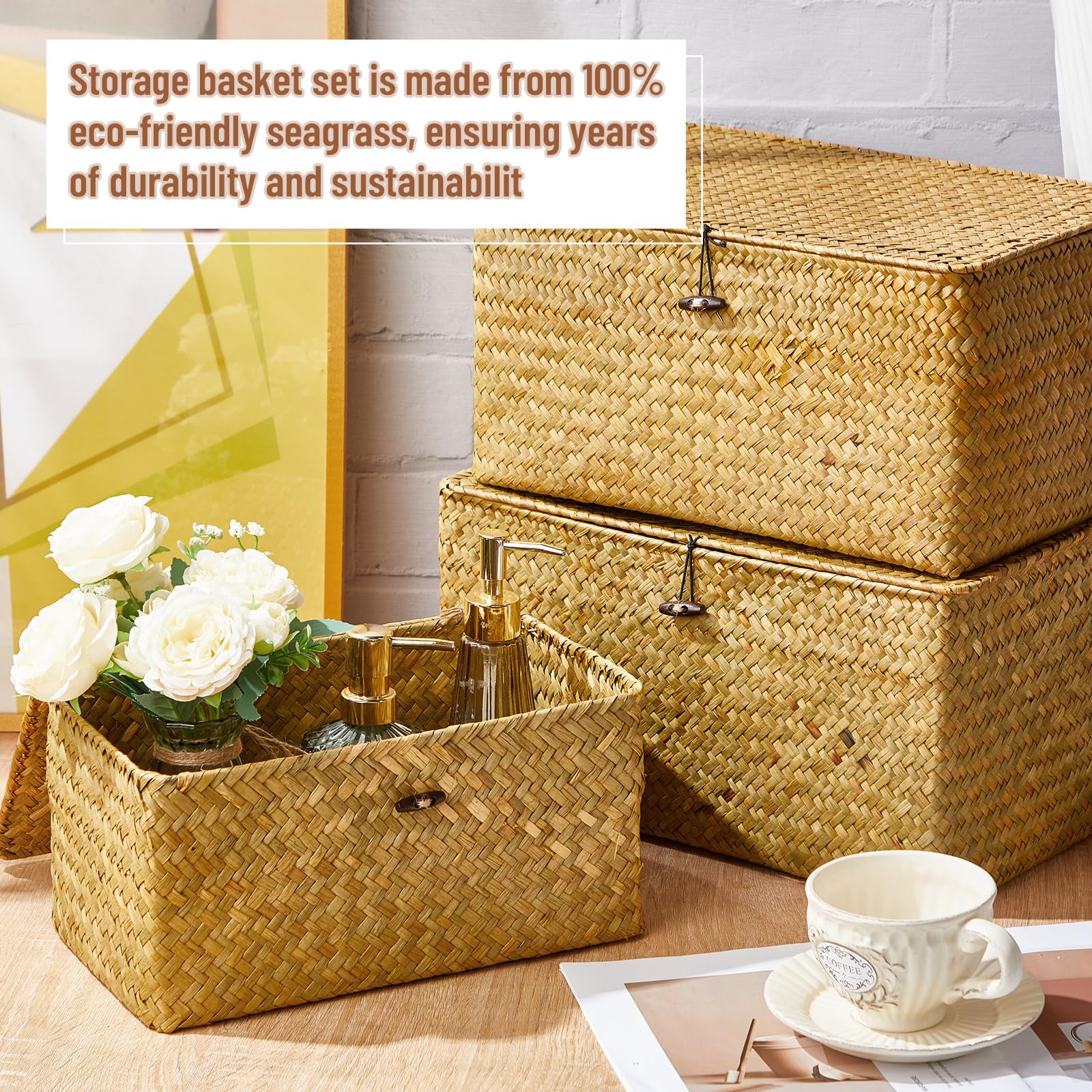 Kigley 6 Pcs Seagrass Baskets with Lids Wicker Storage Basket Organizer Baskets Handwoven Large Rectangular Basket Boxes Summer Woven Baskets for Shelf Closet, 6 Sizes(Yellow, Classic Style)