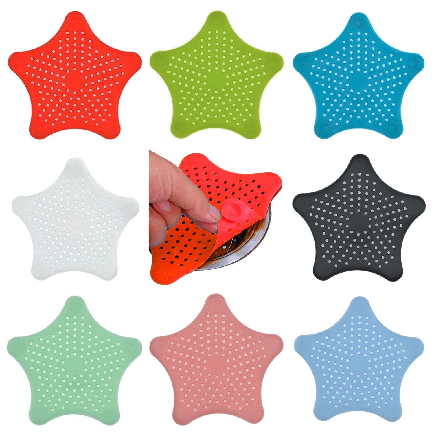 Starfish-Shaped Hair Catcher - 8 Pack | Secure Suction Design Silicone Material | Easy to Clean | Suitable for Bathroom, Bathtub, and Kitchen Drains