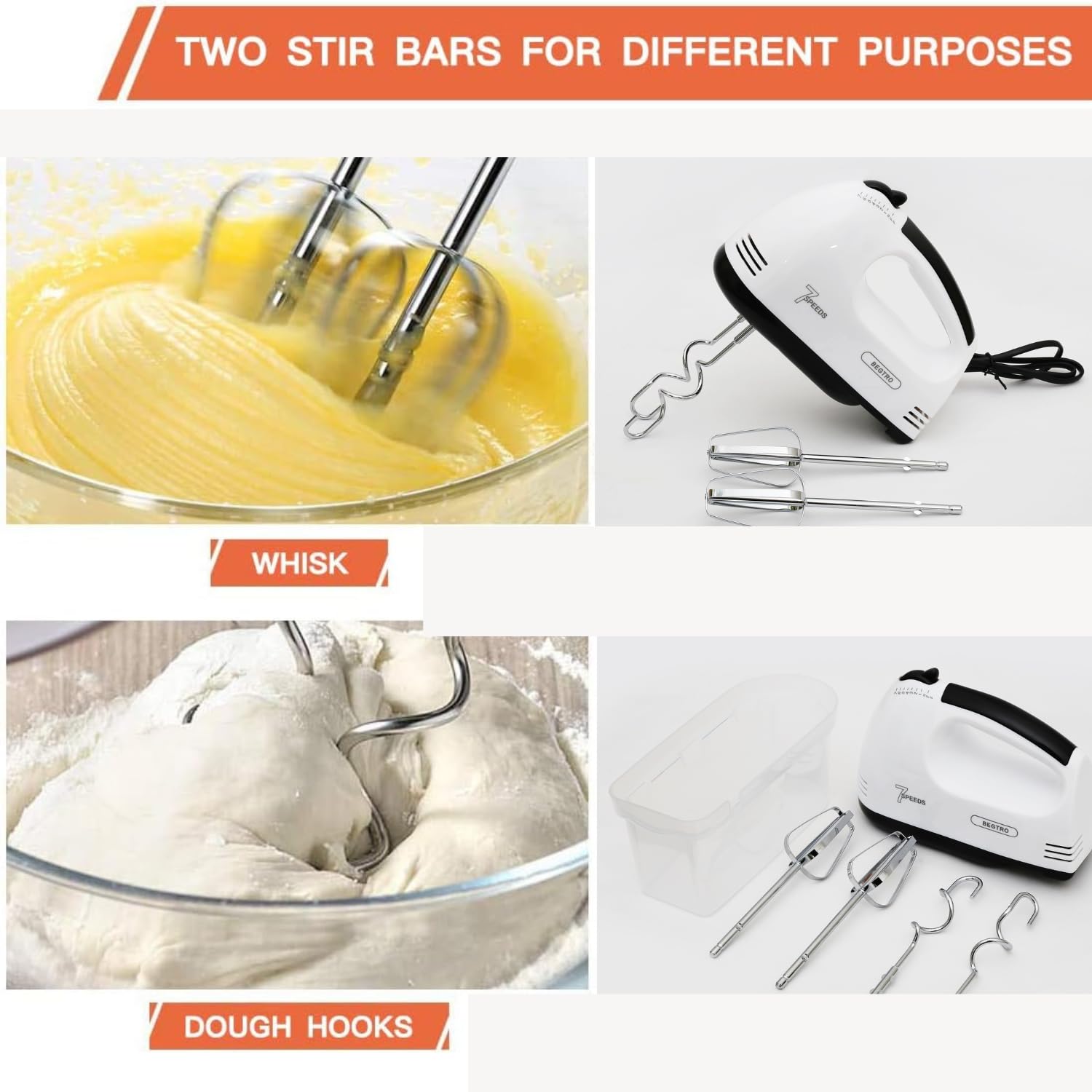 BEGTRO-7 Speed,hand mixer, Domestic Kitchen Egg beater/Spiralizer vegetable chopper Bread flour dough whisk electric hand whisk, Professional food chopper white with, Snap-on lid