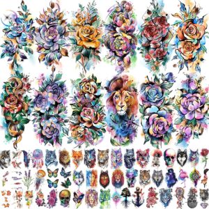 egmbgm 63 sheets 3d watercolor rose temporary tattoos for women arm girls adults, water color peony flower tattoo sticker, bulk temp fake long lasting tattoo colorful floral moon snake lion wolf tiger