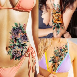 EGMBGM 63 Sheets 3D Watercolor Rose Temporary Tattoos For Women Arm Girls Adults, Water Color Peony Flower Tattoo Sticker, Bulk Temp Fake Long Lasting Tattoo Colorful Floral Moon Snake Lion Wolf Tiger