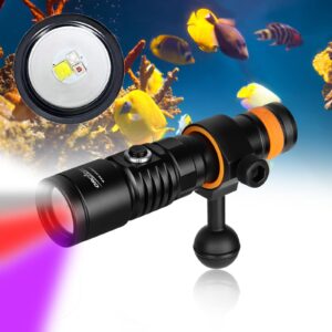 orcatorch d710v 2000 lumens underwater video light, white red violet tri-color, 120-degree wide beam scuba flashlight for dive photography fill light and fluorescent night diving