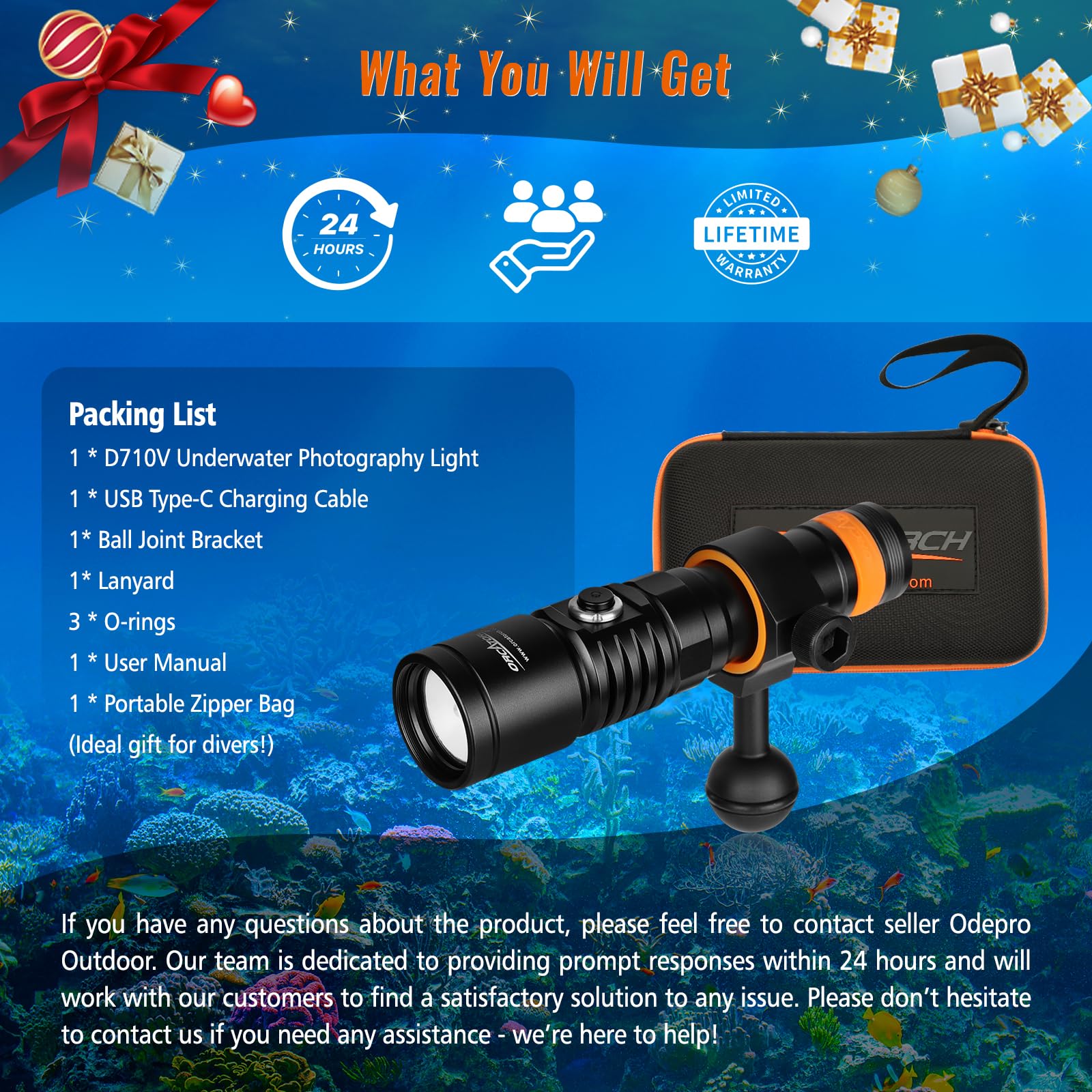 ORCATORCH D710V 2000 Lumens Underwater Video Light, White Red Violet Tri-Color, 120-Degree Wide Beam Scuba Flashlight for Dive Photography Fill Light and Fluorescent Night Diving