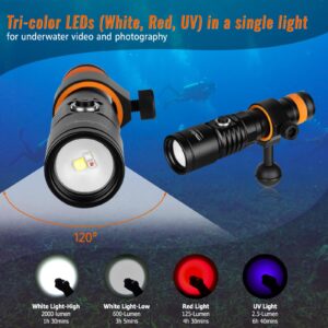 ORCATORCH D710V 2000 Lumens Underwater Video Light, White Red Violet Tri-Color, 120-Degree Wide Beam Scuba Flashlight for Dive Photography Fill Light and Fluorescent Night Diving