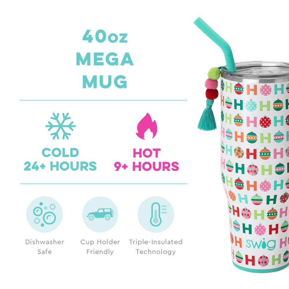 Swig Life 40oz Mega Mug |Discontinued Prints | Extra Large Insulated Tumbler with Handle and Straw, Cup Holder Friendly, Dishwasher Safe, Stainless Steel Travel Mugs (HoHoHo)