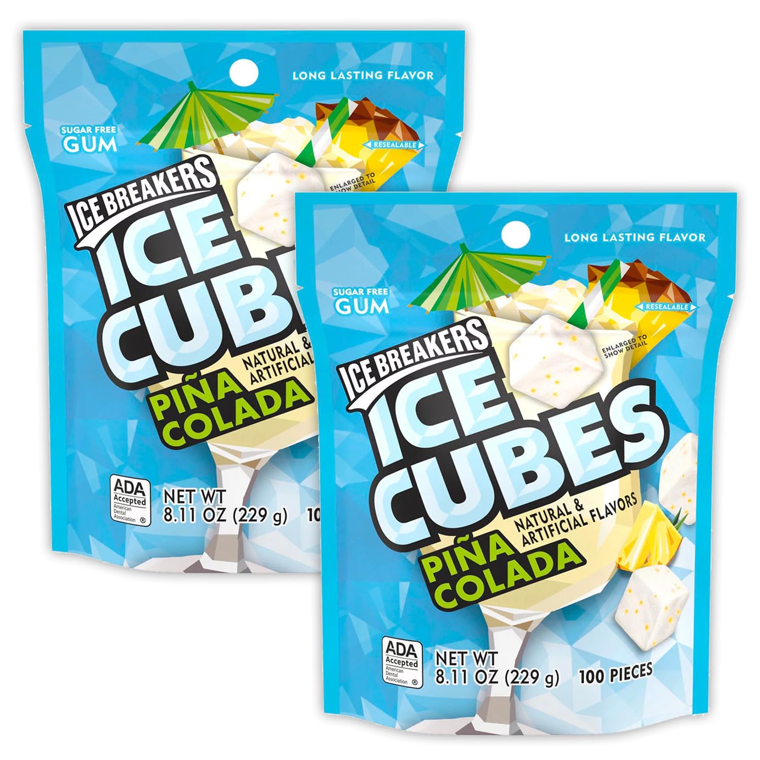 Ice Breakrs Ice Cube Gum - 2 Packs of 100 Pieces - Pina Colada Sugar Free Gum - Pina Colada Flavored Chewing Gum