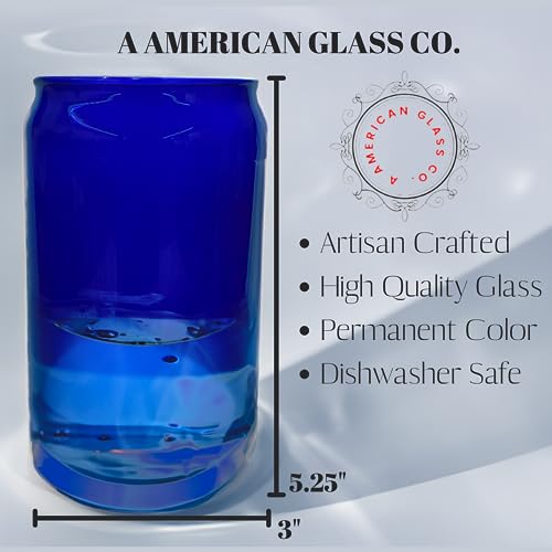 American Glass Co [4 Piece Set] - Artisan Drinking Glasses | 16oz Beer Can Glass Cups - The Perfect Cocktail Glass | Multicolored Water Glasses | Kitchen Glassware (Sapphire Blue)